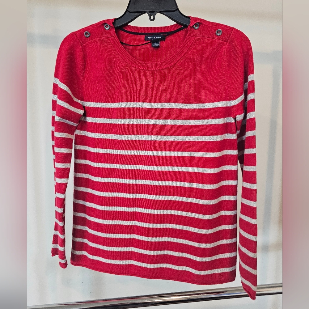 Womens szM‎ Red Tommy Hilfiger Chic Striped Sweater Button Accents Nautical Xmas